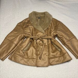 PrettyLittleThing Plus Beige Washed Borg Trim Belted Jacket